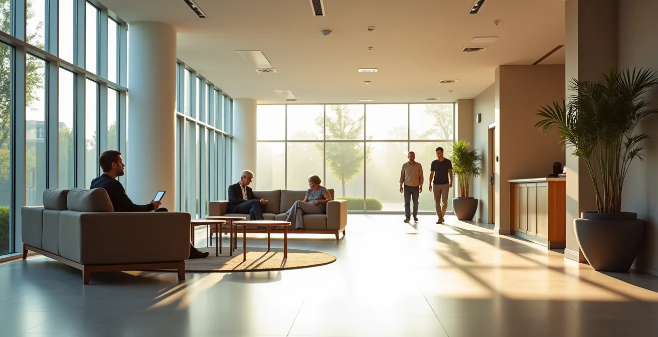 Vue large d'un espace collectif lumineux dans une résidence senior