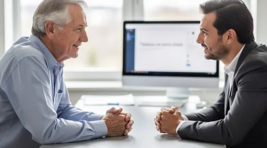 Senior en consultation avec un conseiller retraite dans un bureau lumineux