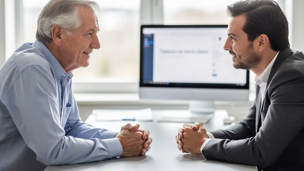 Senior en consultation avec un conseiller retraite dans un bureau lumineux
