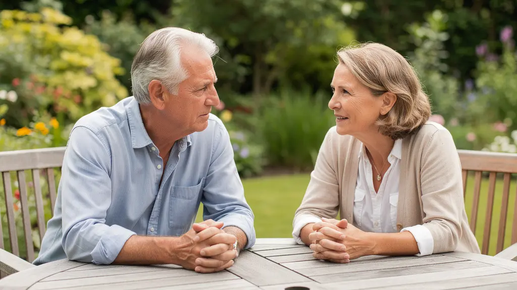 Couple senior discutant de leur avenir financier sur leur terrasse