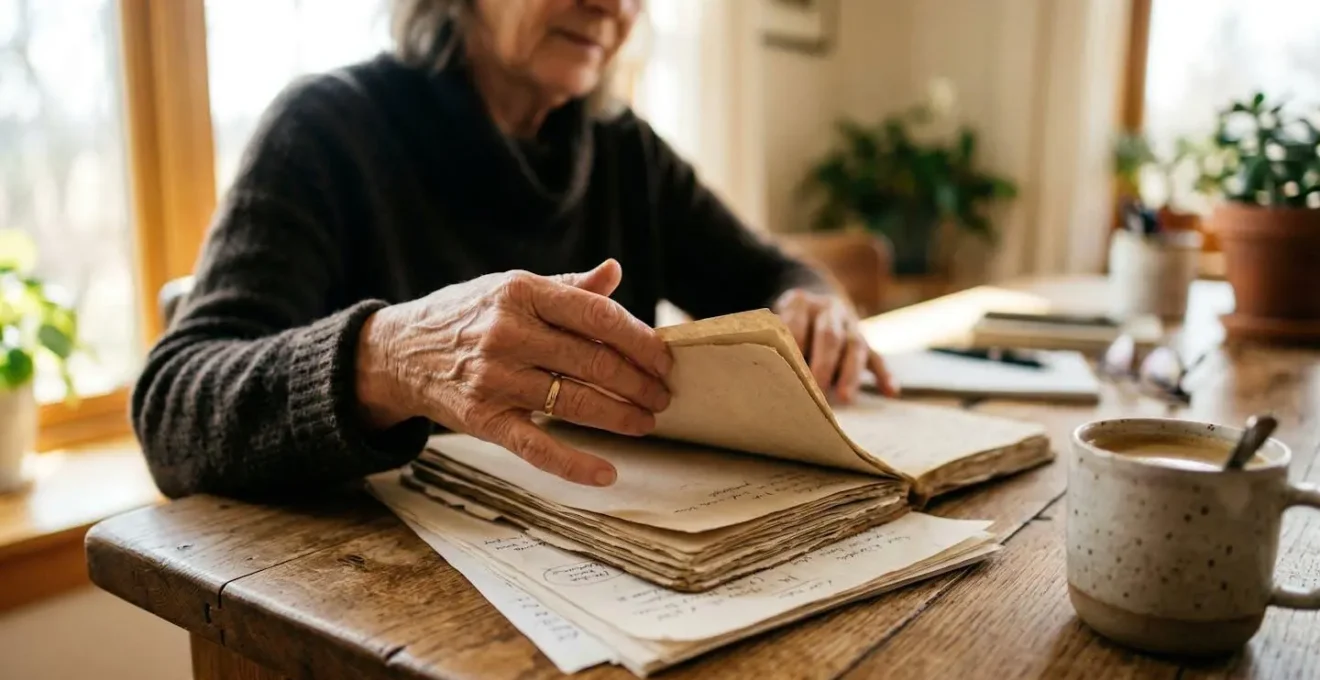 Des mains feuilletant des documents administratifs sur une table en bois, une tasse de café posée à côté