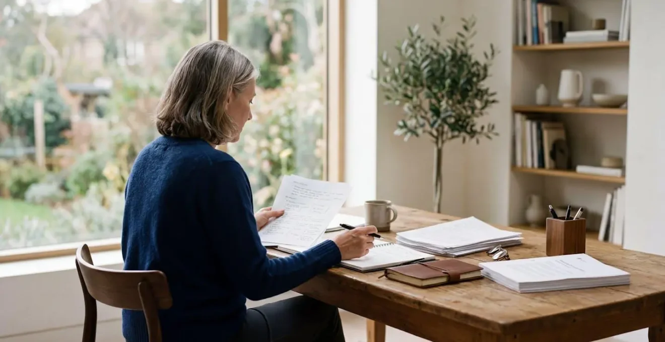 Une personne de profil consulte des documents administratifs dans un bureau baigné de lumière naturelle