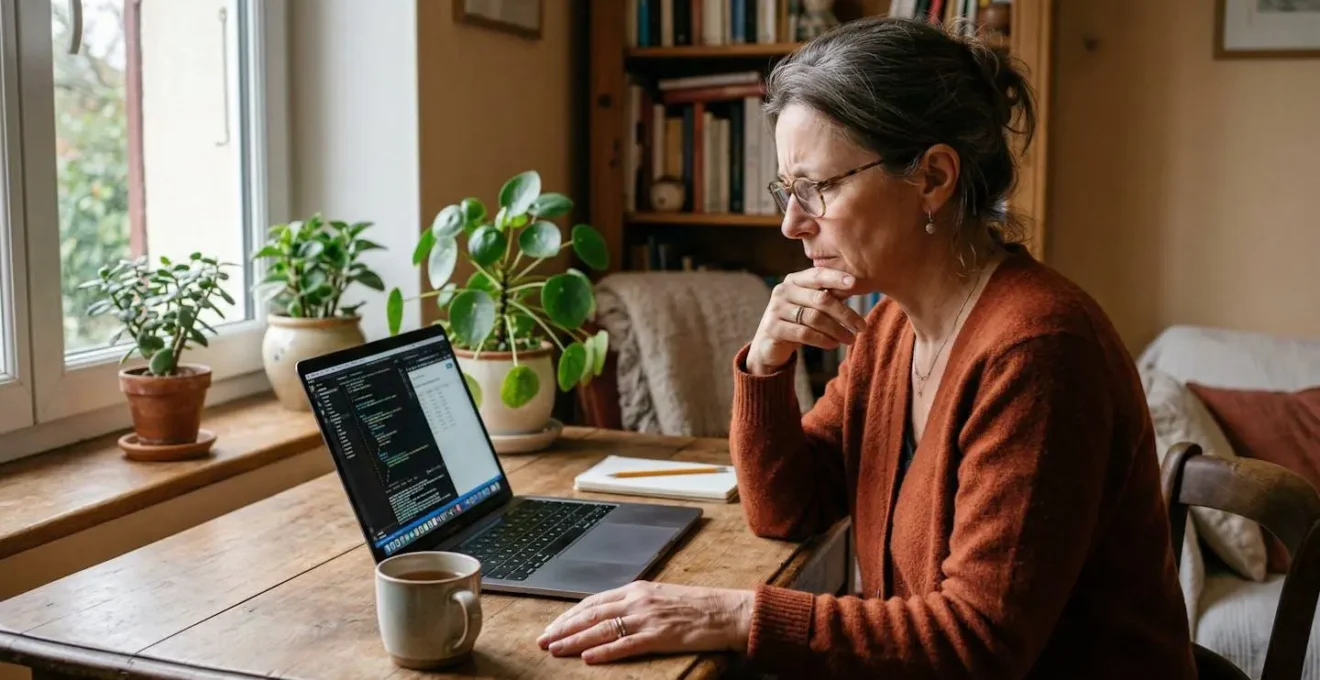Seniore consultant son relevé de carrière sur ordinateur avec expression concentrée
