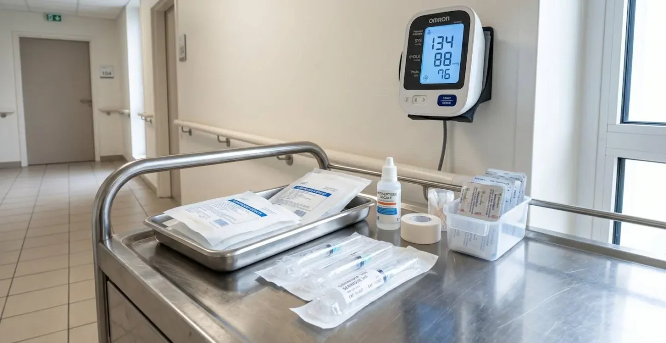 Gros plan d'un chariot médical en acier inoxydable dans un couloir d'établissement de soins, avec tensiomètre mural visible en arrière-plan net, éclairage naturel latéral