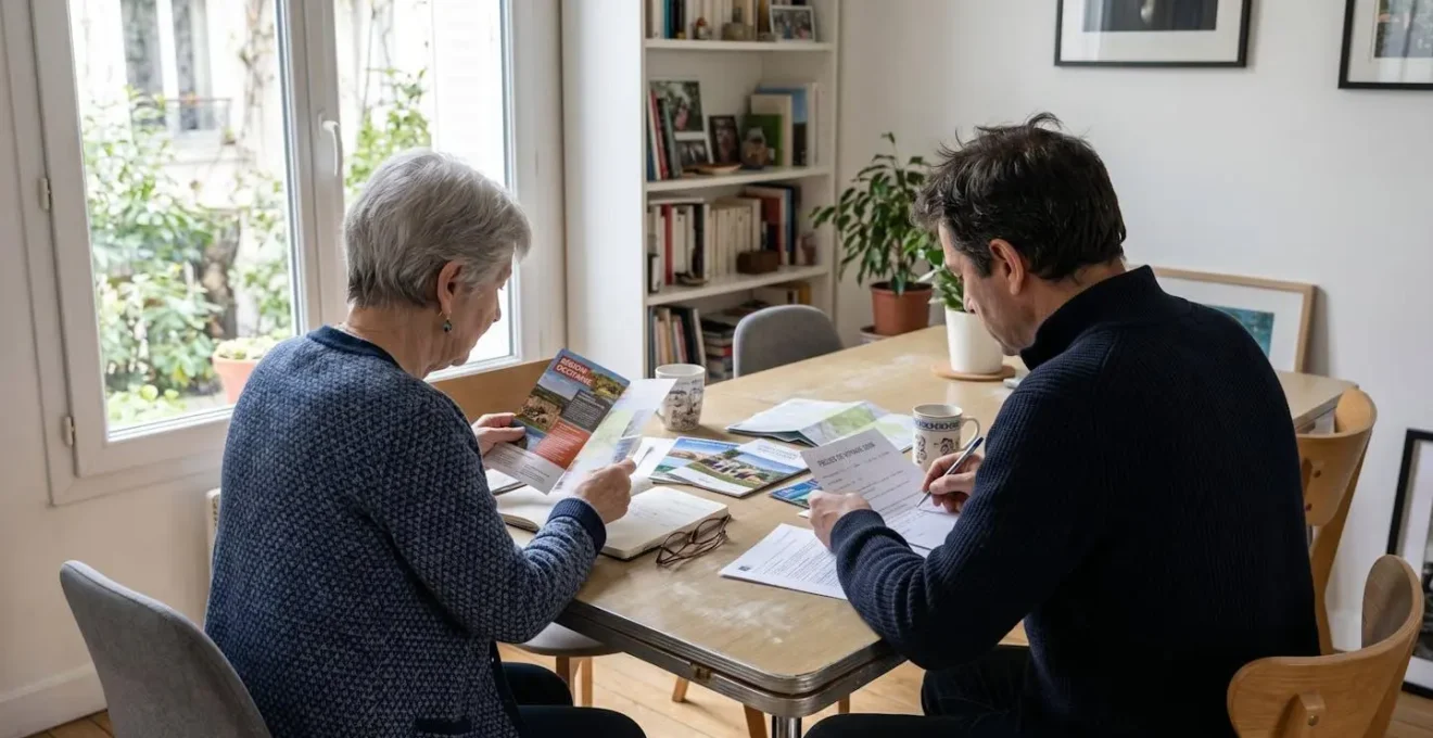 Deux personnes de dos à une table de salle à manger consultent des brochures et documents, dans un intérieur résidentiel contemporain éclairé par la lumière naturelle d'une fenêtre