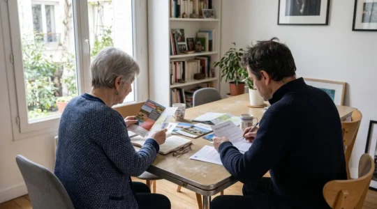Deux personnes de dos à une table de salle à manger consultent des brochures et documents, dans un intérieur résidentiel contemporain éclairé par la lumière naturelle d'une fenêtre