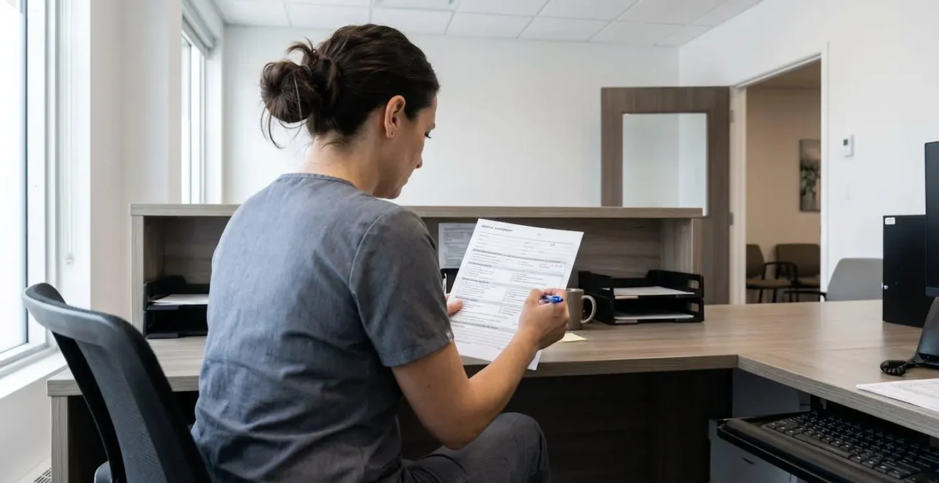 Professionnel de santé vu de dos à un bureau, consultant un formulaire d'évaluation médicale avec cases à cocher et sections, stylo en main, éclairage naturel de bureau contemporain