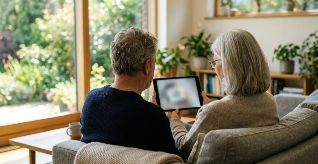 Un couple de seniors assis côte à côte consulte une tablette, vus de trois-quarts dans un intérieur moderne et lumineux Un couple de seniors assis côte à côte consulte une tablette, vus de trois-quarts dans un intérieur moderne et lumineux
