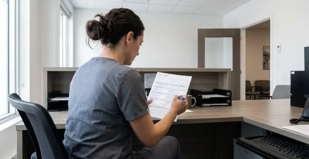 Professionnel de santé vu de dos à un bureau, consultant un formulaire d'évaluation médicale avec cases à cocher et sections, stylo en main, éclairage naturel de bureau contemporain Professionnel de santé vu de dos à un bureau, consultant un formulaire d'évaluation médicale avec cases à cocher et sections, stylo en main, éclairage naturel de bureau contemporain