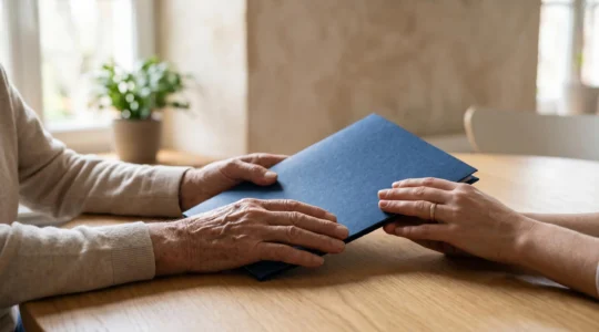 Illustration éditoriale représentant l'accompagnement des personnes âgées pour l'obtention de l'APA en France