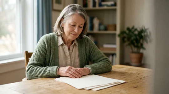 Personne senior consultant ses documents de retraite dans un environnement calme et lumineux