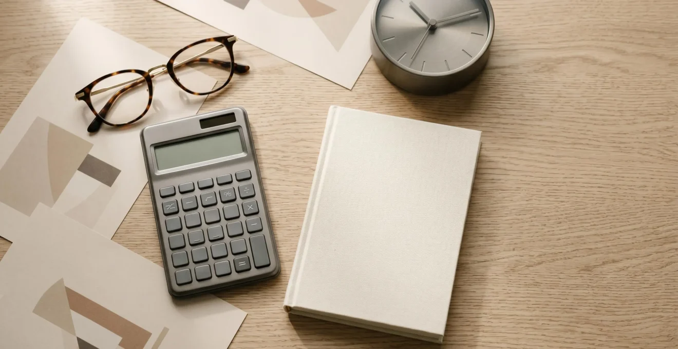 Scène illustrant la planification de la retraite avec des éléments symboliques de calcul et d'optimisation financière