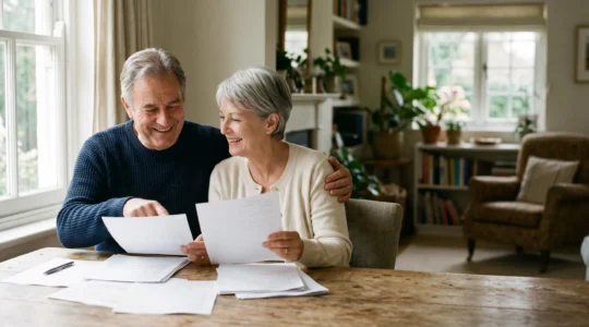 Couple de seniors souriant en consultation avec un conseiller financier pour leur retraite