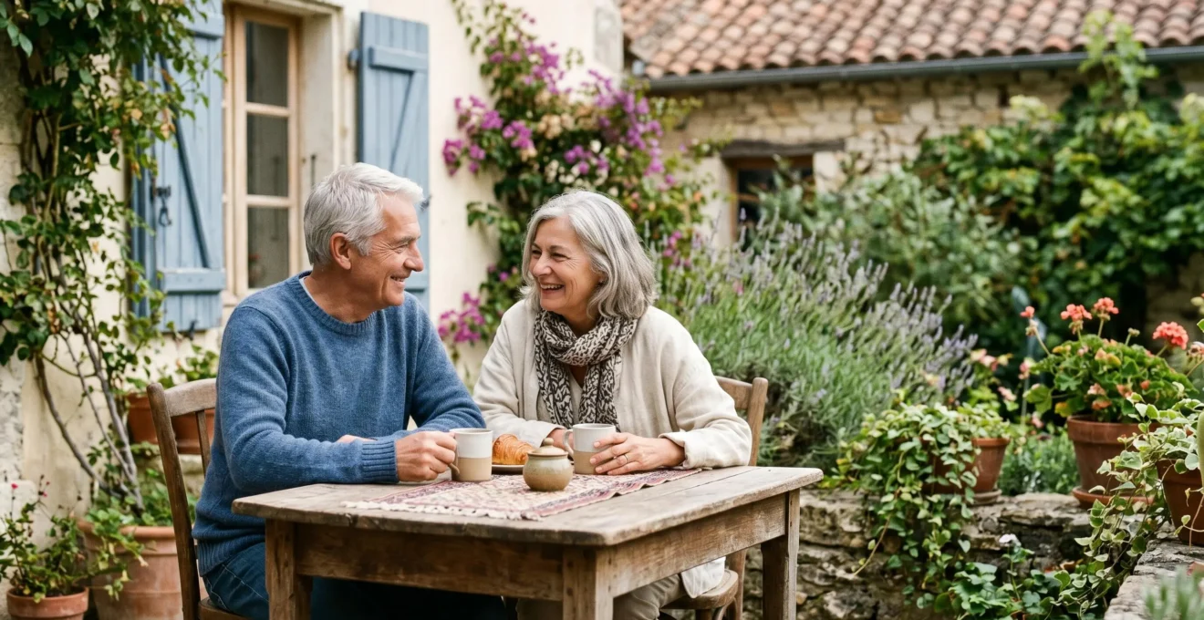Couple de retraités français profitant d'un moment paisible dans leur jardin ensoleillé