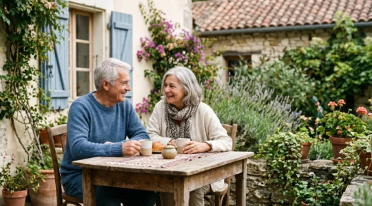 Couple de retraités français profitant d'un moment paisible dans leur jardin ensoleillé