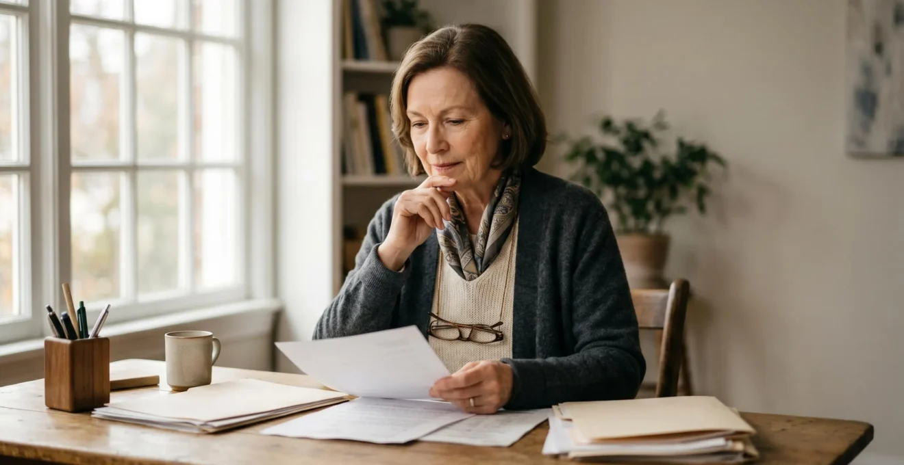 Personne senior active consultant des documents administratifs dans un environnement serein et lumineux
