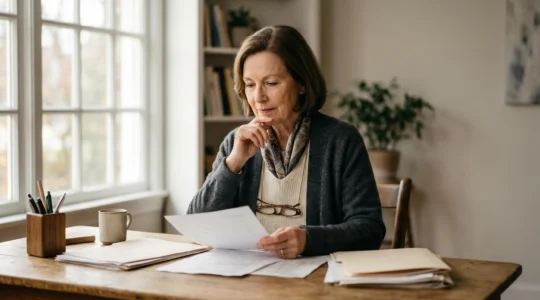 Personne senior active consultant des documents administratifs dans un environnement serein et lumineux