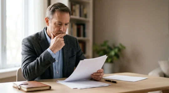 Personne réfléchissant à son avenir de retraite avec documents financiers