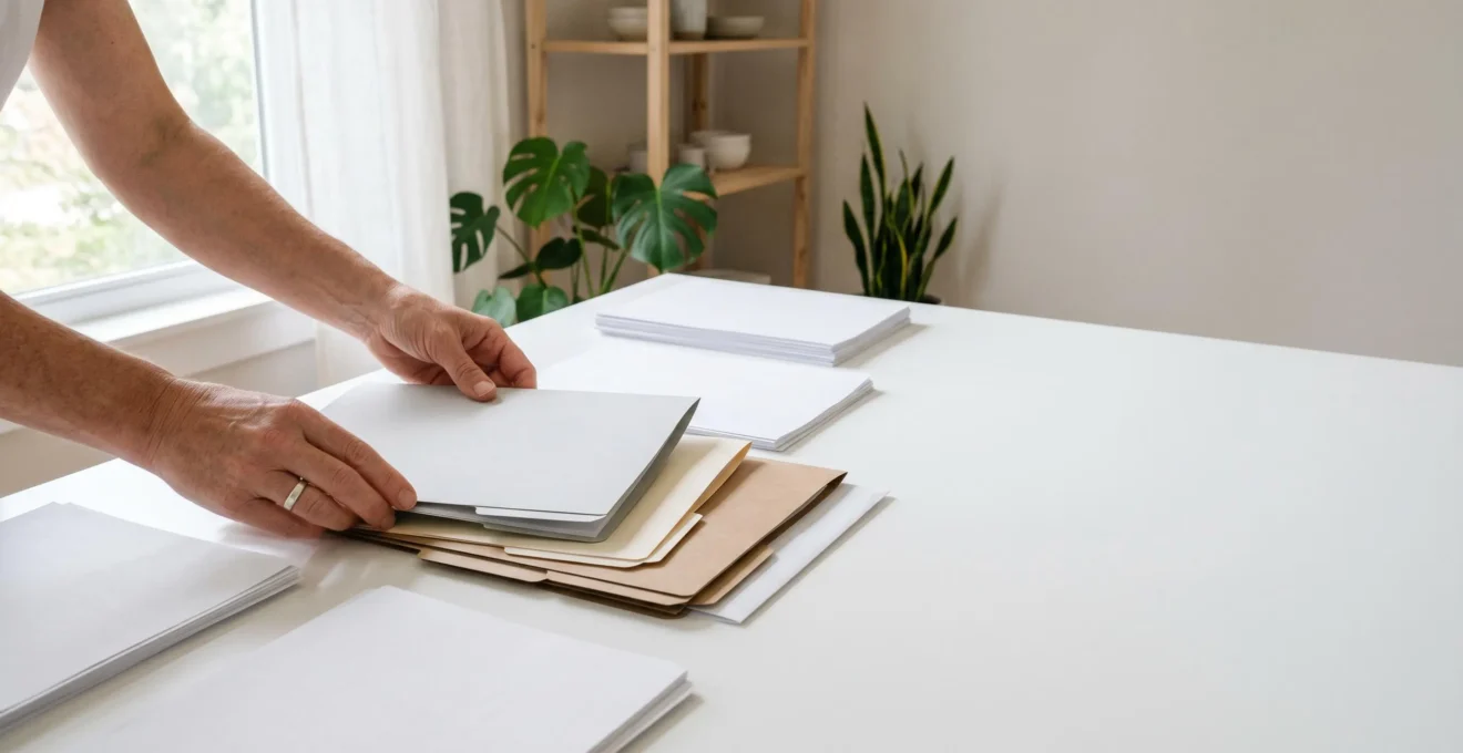 Personne senior organisant sereinement ses documents de retraite dans un espace lumineux
