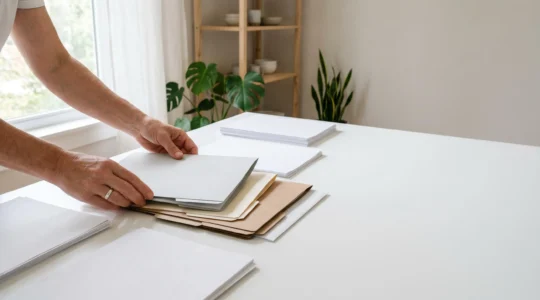 Personne senior organisant sereinement ses documents de retraite dans un espace lumineux
