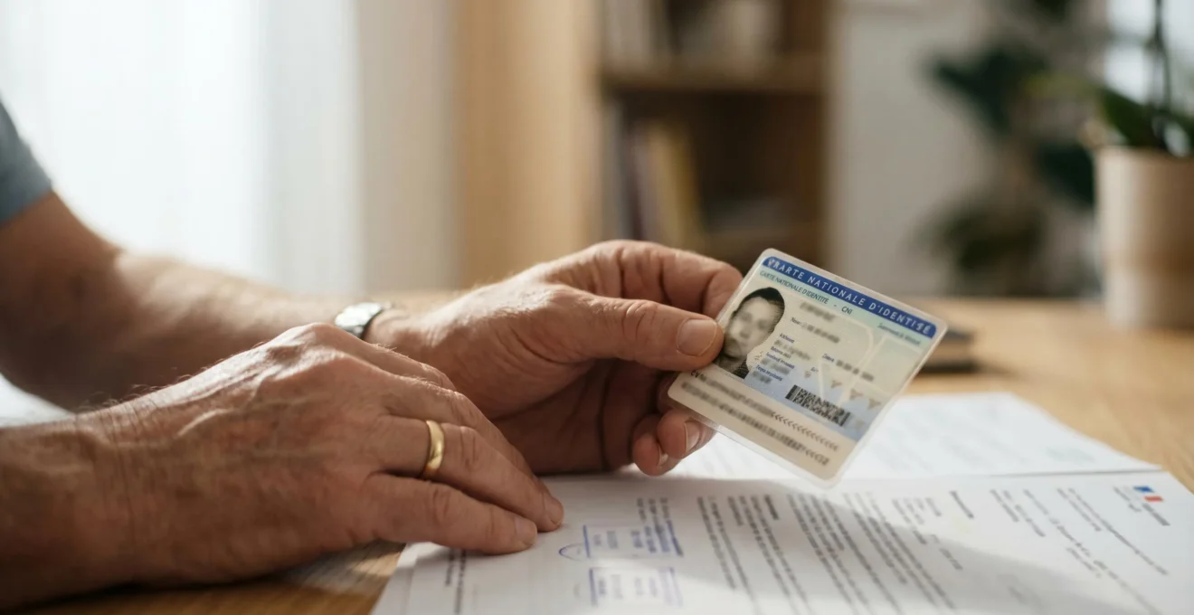 Mains de personne senior tenant une carte d'identité française et des documents administratifs