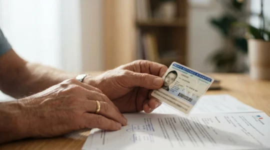 Mains de personne senior tenant une carte d'identité française et des documents administratifs