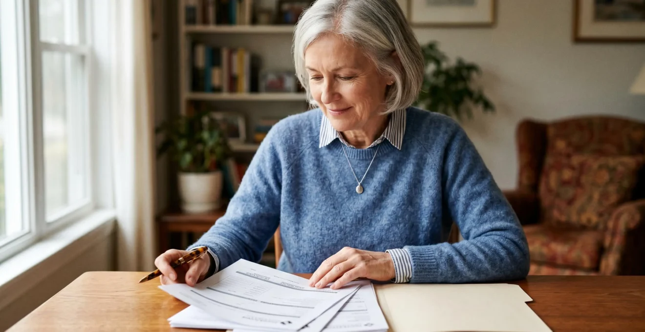 Senior concentré vérifiant des documents administratifs de retraite