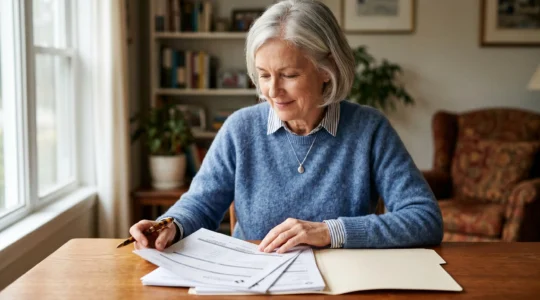 Senior concentré vérifiant des documents administratifs de retraite
