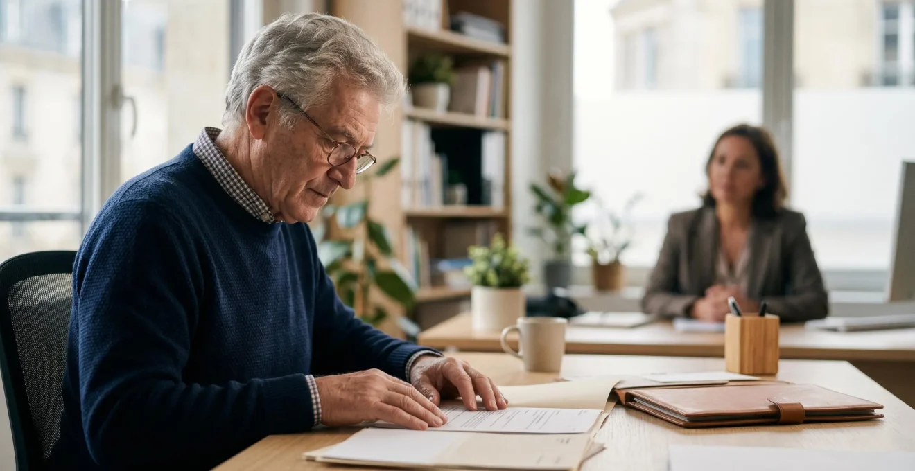 Scène représentant des seniors en démarche administrative pour leur retraite avec conseil personnalisé