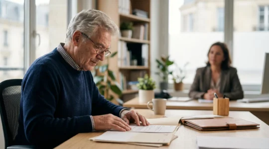 Scène représentant des seniors en démarche administrative pour leur retraite avec conseil personnalisé