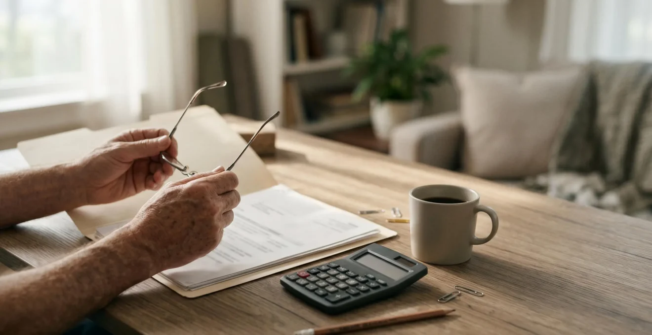 Bureau de travail avec documents administratifs et calculatrice pour la preparation de la retraite