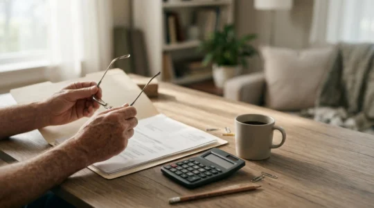 Bureau de travail avec documents administratifs et calculatrice pour la preparation de la retraite