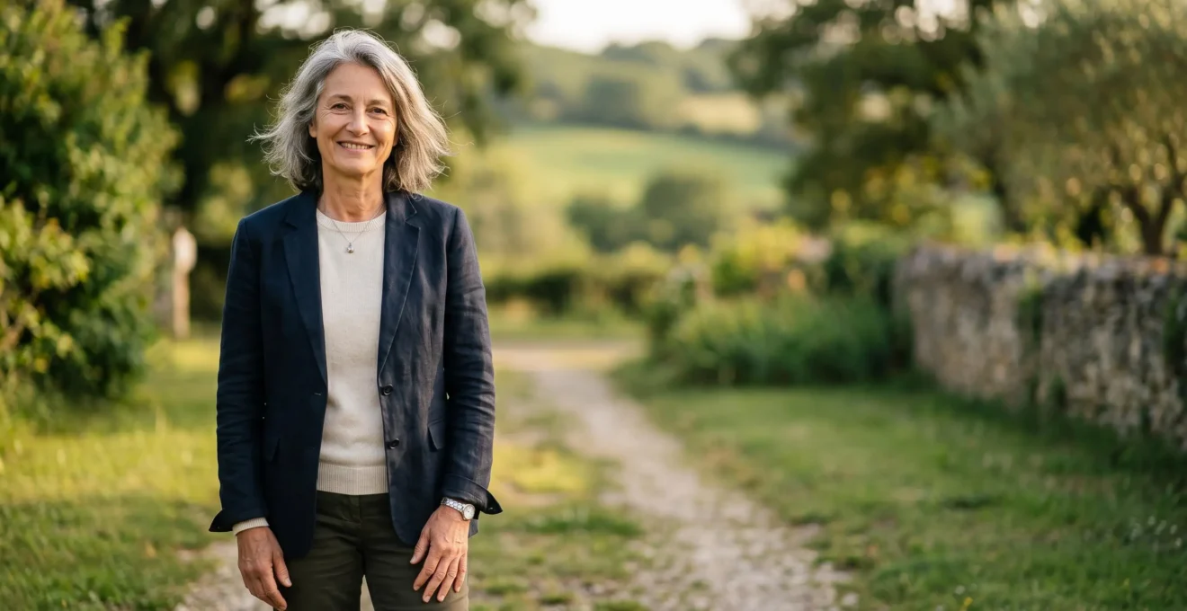 Senior souriant contemplant un paysage paisible, symbolisant la sérénité d'une retraite anticipée réussie