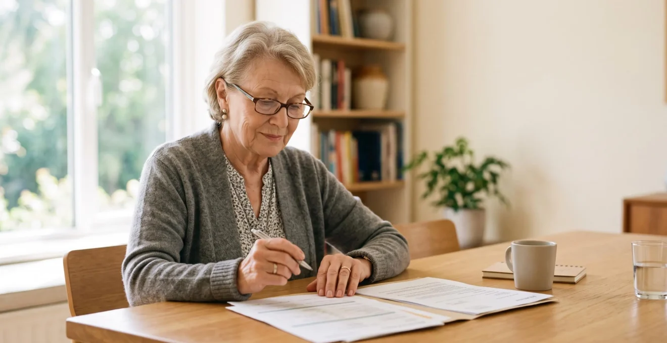 Personne âgée consultant sereinement des documents administratifs à une table lumineuse