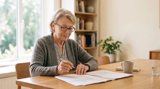 Personne âgée consultant sereinement des documents administratifs à une table lumineuse