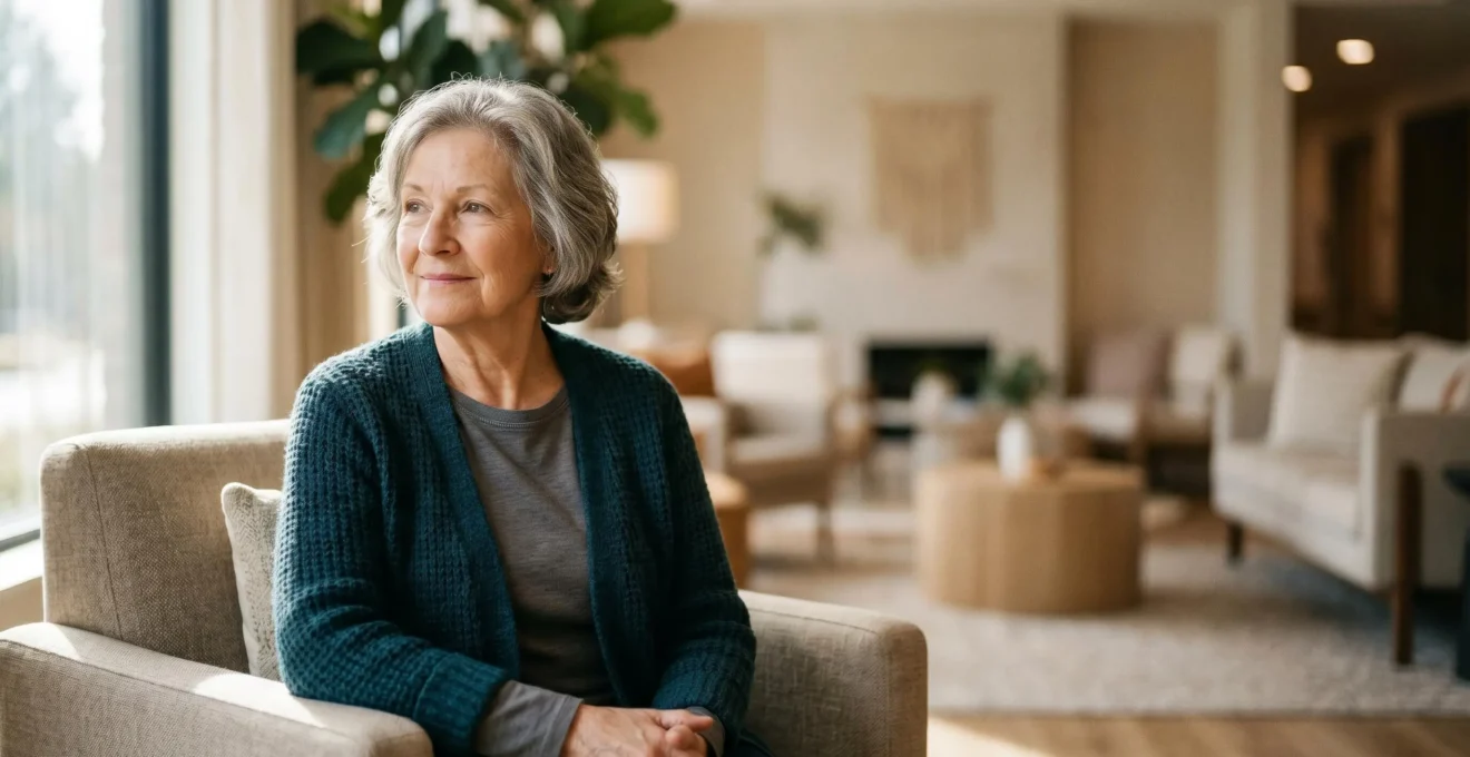 Senior souriant dans un salon lumineux et moderne d'une résidence services