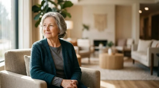 Senior souriant dans un salon lumineux et moderne d'une résidence services