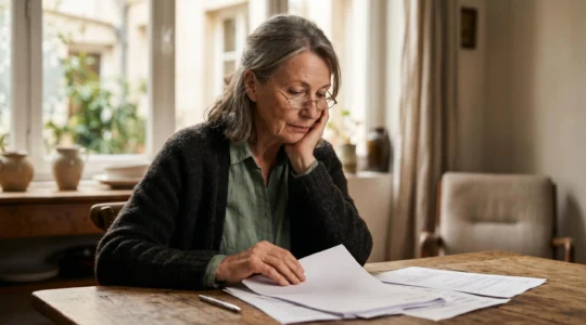 Personne senior gérant sereinement ses finances à domicile avec une atmosphère de confiance et de sécurité financière