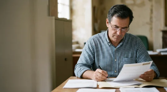 Professionnel consultant attentivement un document de carrière dans un environnement administratif français