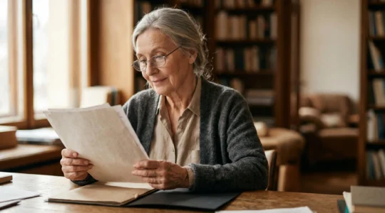 Professionnel senior consultant ses documents administratifs pour préparer sa retraite