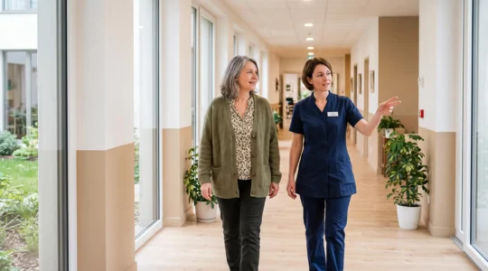 Femme d'âge moyen visitant un EHPAD moderne accompagnée d'une responsable de l'établissement dans un couloir lumineux