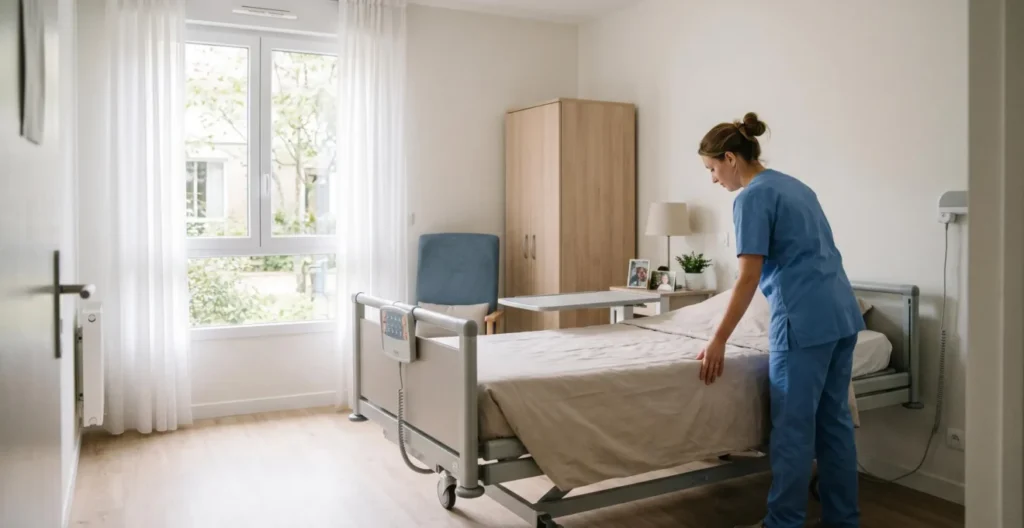 Aide-soignante arrangeant une chambre individuelle meublée dans un EHPAD avec lit médicalisé et mobilier fonctionnel